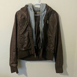Leather hooded zip up warm jacket